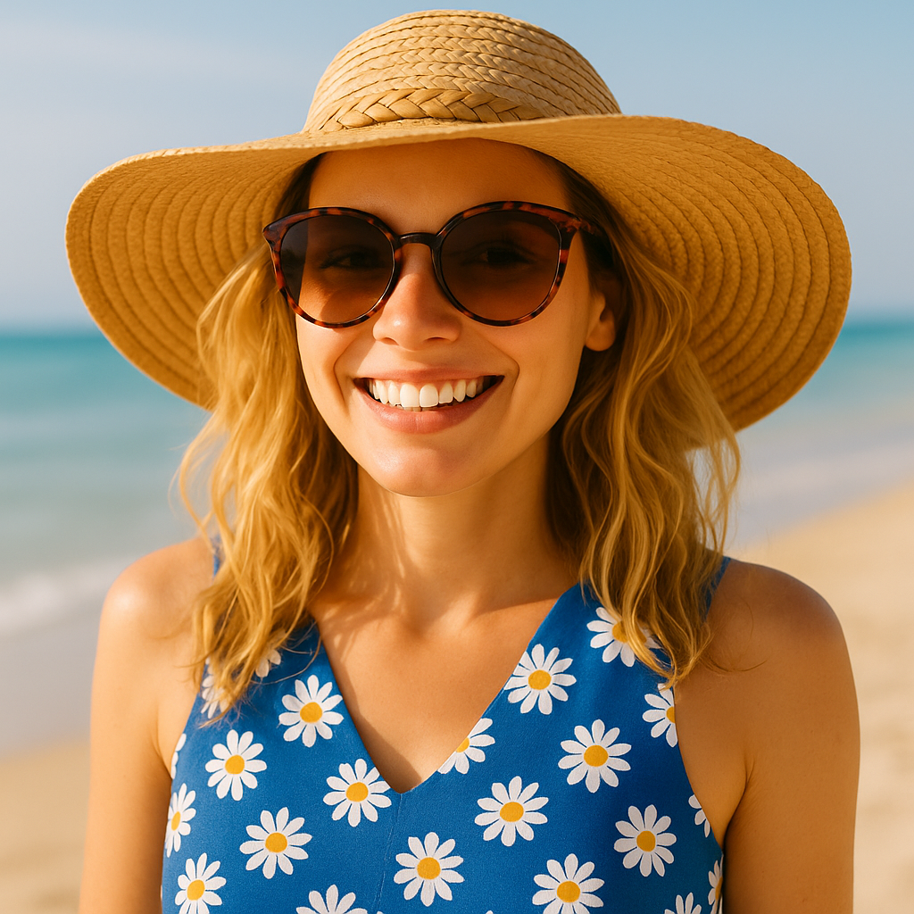 Wide Brim Straw Hat with Beaded Band
