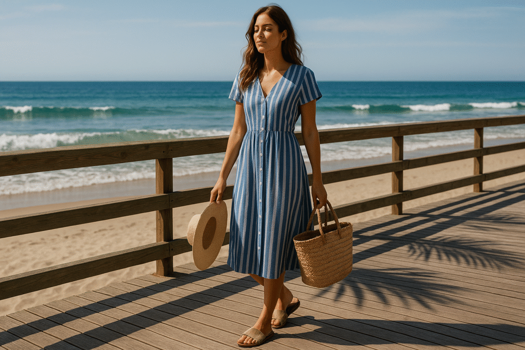 6 Casual Outfit Ideas with a Striped Blue Midi Dress