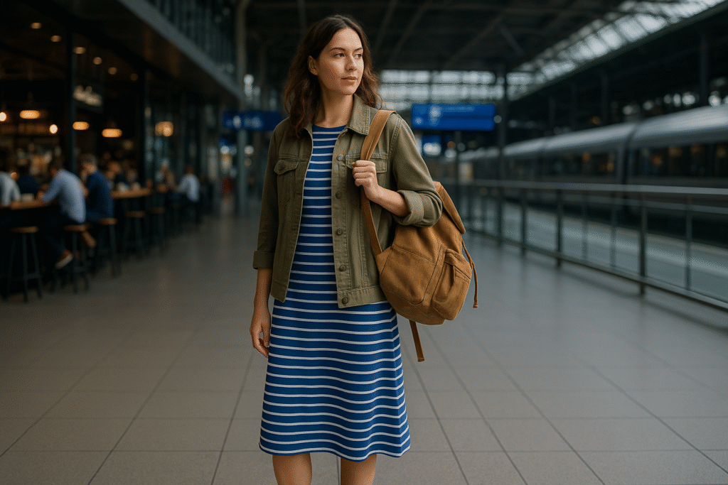 6 Casual Outfit Ideas with a Striped Blue Midi Dress