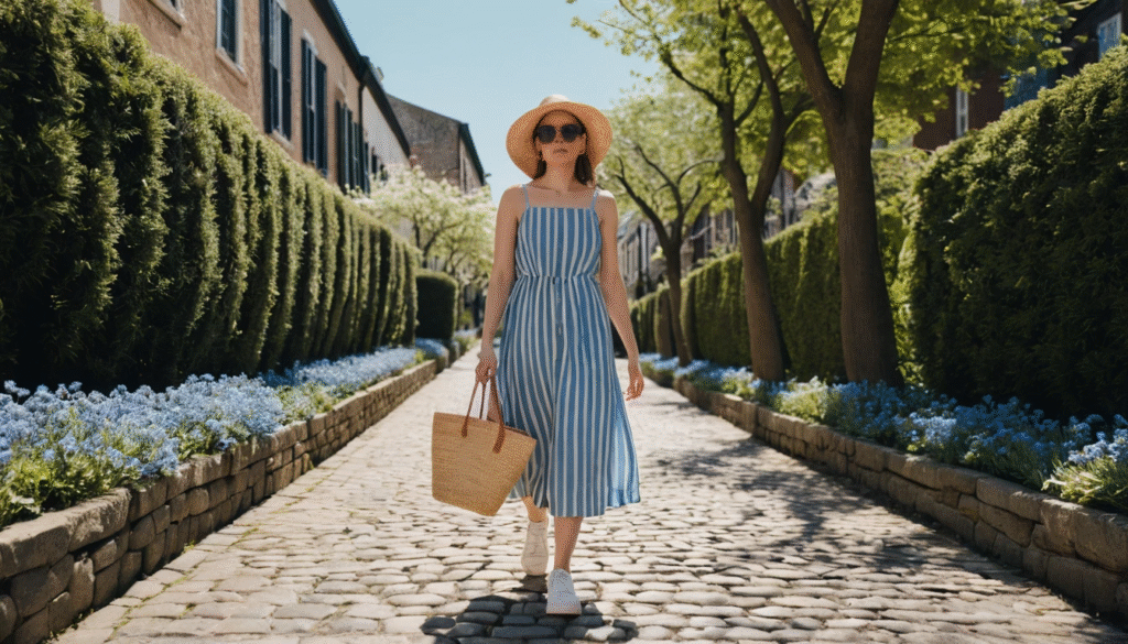 6 Casual Outfit Ideas with a Striped Blue Midi Dress