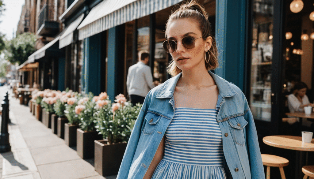 6 Casual Outfit Ideas with a Striped Blue Midi Dress