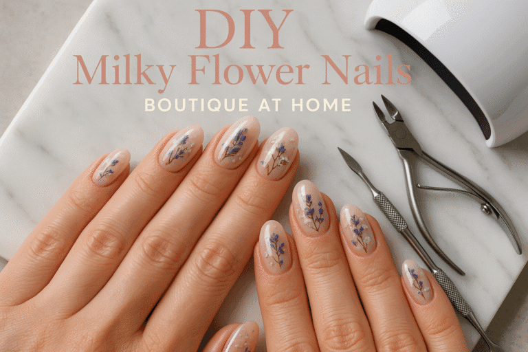 Pressed Flower Milky Beige Gel Nail Design: DIY Tutorial