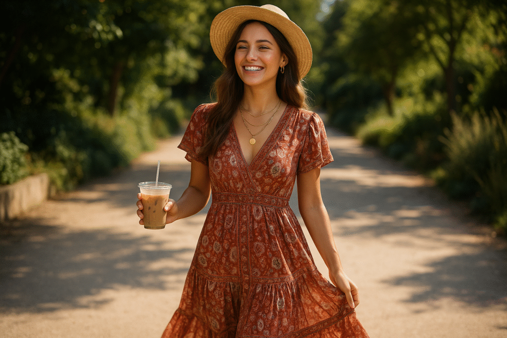 Boho summer outfit with flowing dress, straw hat, and layered jewelry