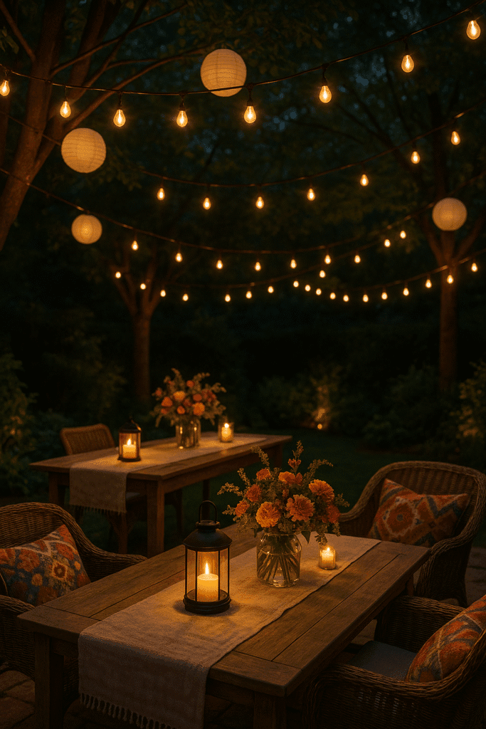 Backyard outdoor party with string lights, wooden table, and guests enjoying festive celebration