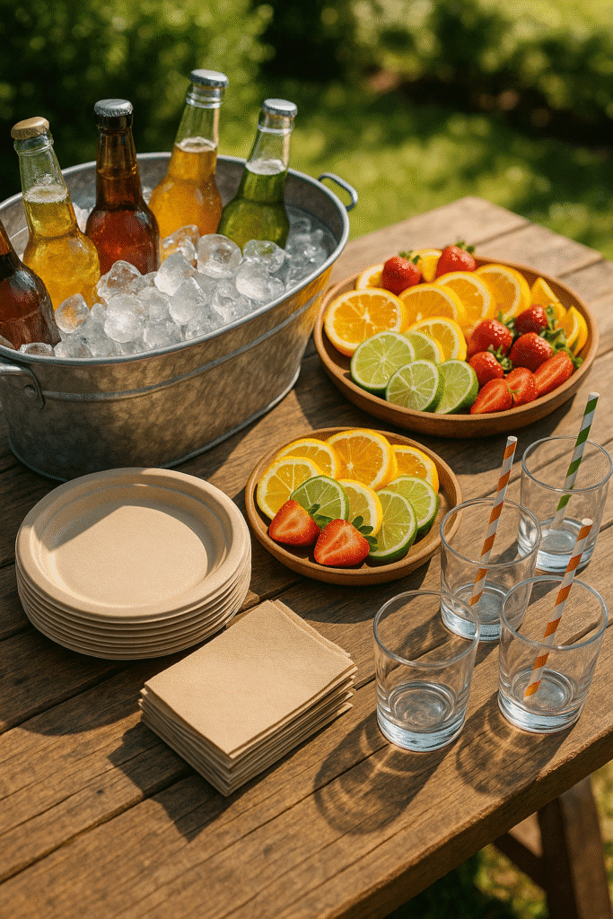Backyard outdoor party with string lights, wooden table, and guests enjoying festive celebration
