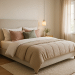 Cozy bedroom with upholstered bed, layered bedding, warm lighting, and a luxe floor mirror