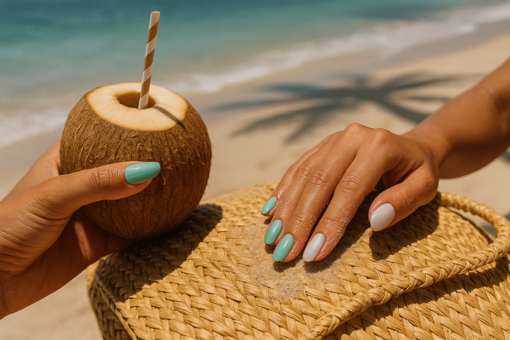 Sheer seafoam and pearl beach nails on hands and toes