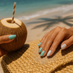Sheer seafoam and pearl beach nails on hands and toes