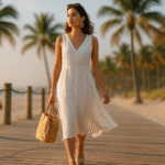 Summer accessories styled on beach outfits including tote, scarf, earrings, sandals
