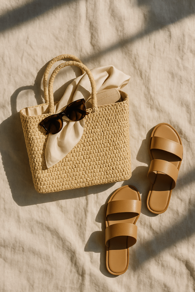 Summer accessories styling on beach outfits including tote, scarf, earrings, sandals