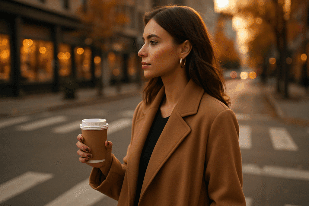 Glossy burgundy nails on hands holding coffee cup