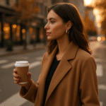 Glossy burgundy nails on hands holding coffee cup