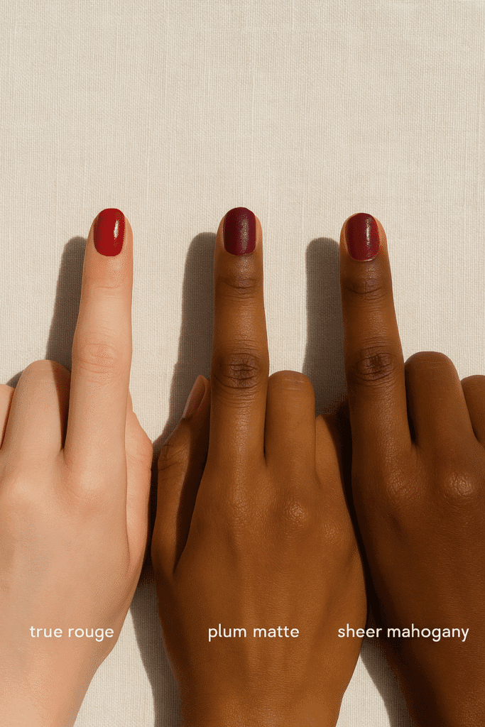 Glossy burgundy nails on hands holding coffee cup