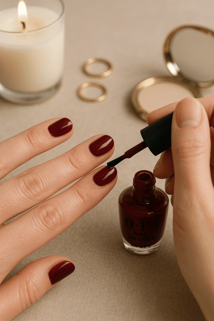 Glossy burgundy nails on hands holding coffee cup