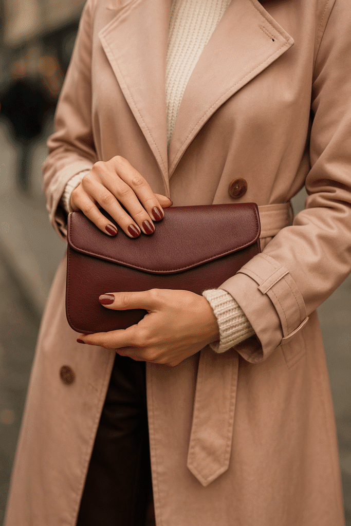 Glossy burgundy nails on hands holding coffee cup