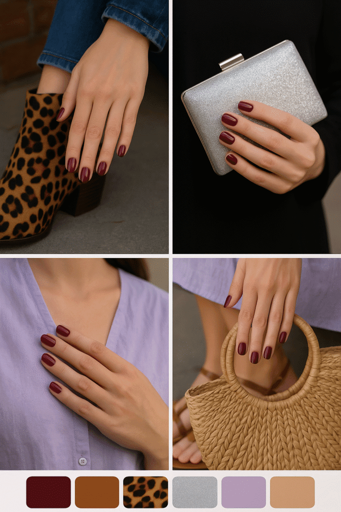 Glossy burgundy nails on hands holding coffee cup
