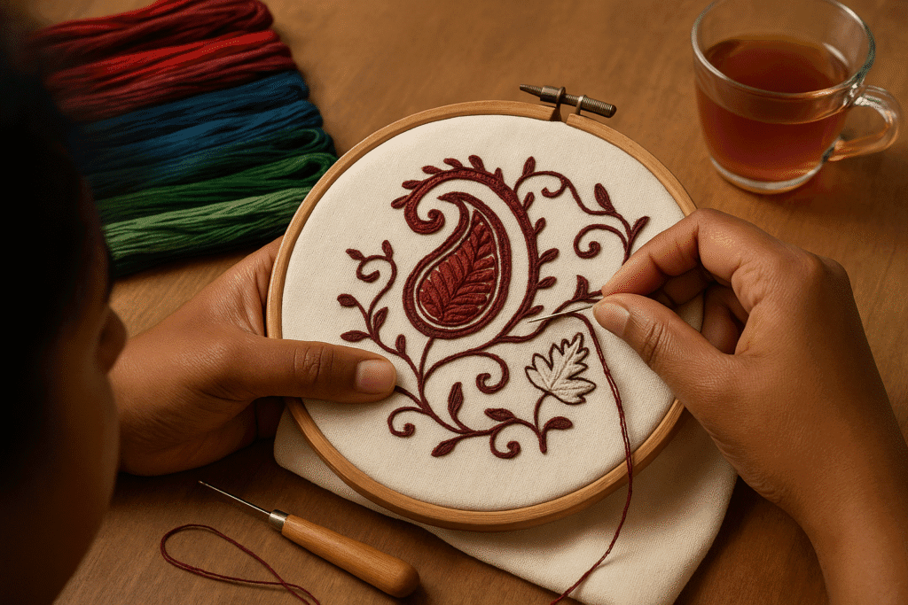 Close-up of Kashida embroidery paisley and floral motifs stitched in rich jewel-toned threads