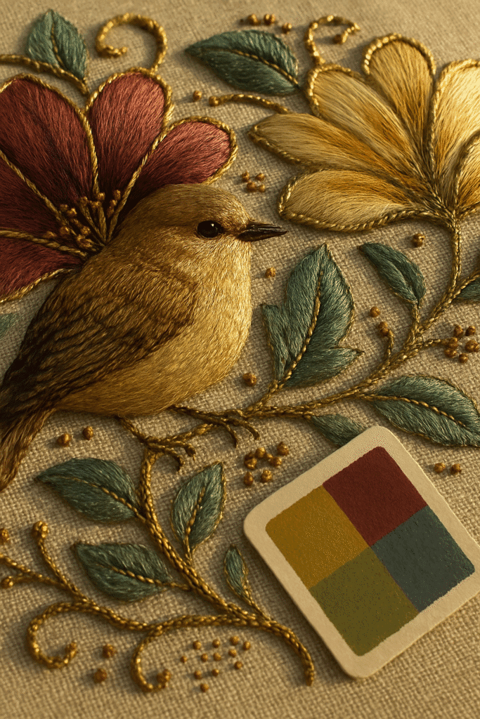 Close-up of Kashida embroidery paisley and floral motifs stitched in rich jewel-toned threads