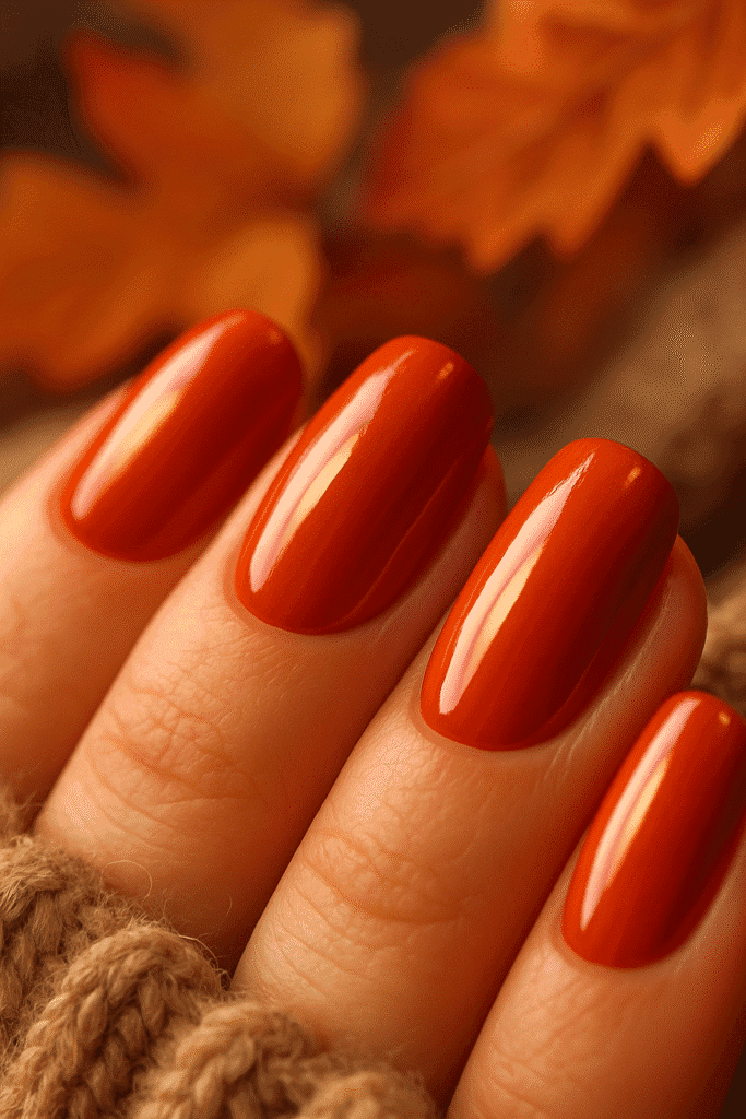 Close-up of hands with fall-inspired burgundy and gold leaf manicure holding pumpkin spice latte
