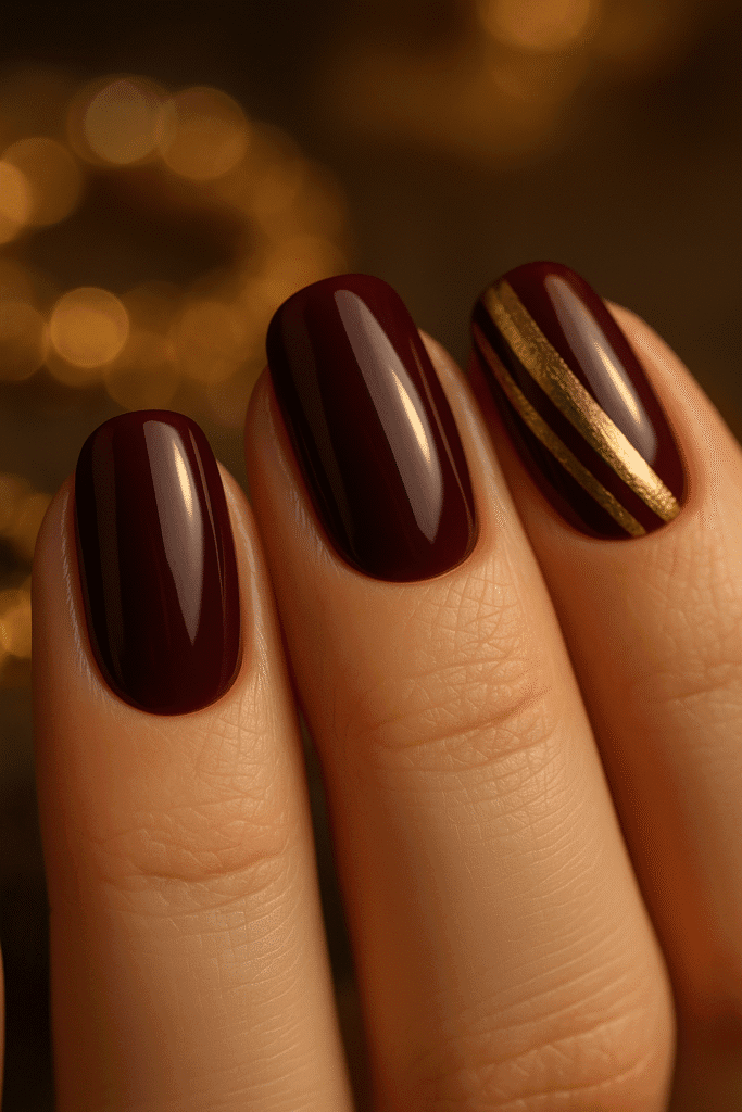 Close-up of hands with fall-inspired burgundy and gold leaf manicure holding pumpkin spice latte
