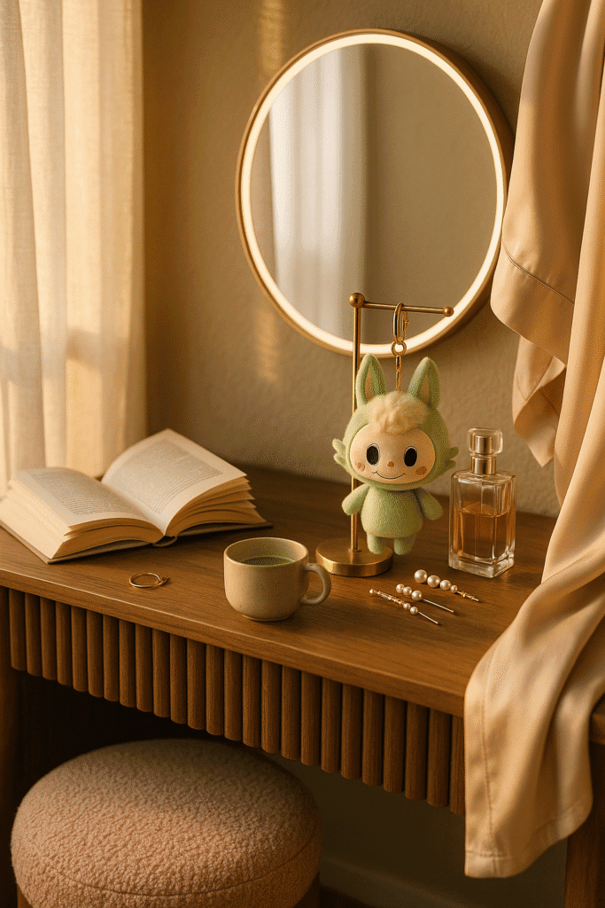 Labubu collectible plush toy styled as keychain and vinyl shelf decor
