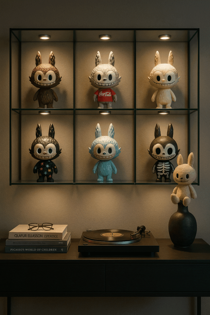 Labubu collectible plush toy styled as keychain and vinyl shelf decor
