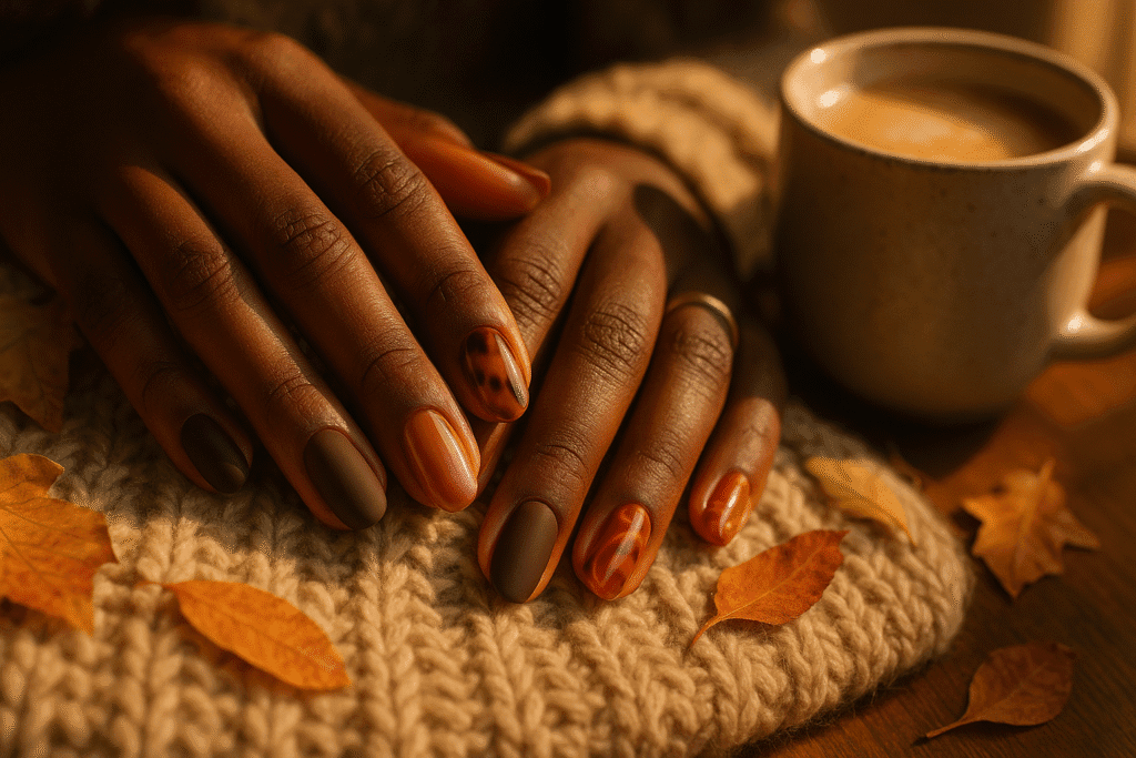 Hands with mixed fall nail designs including matte espresso, caramel jelly, tortoiseshell, and burnt orange abstract, styled with autumn leaves and cozy sweater.