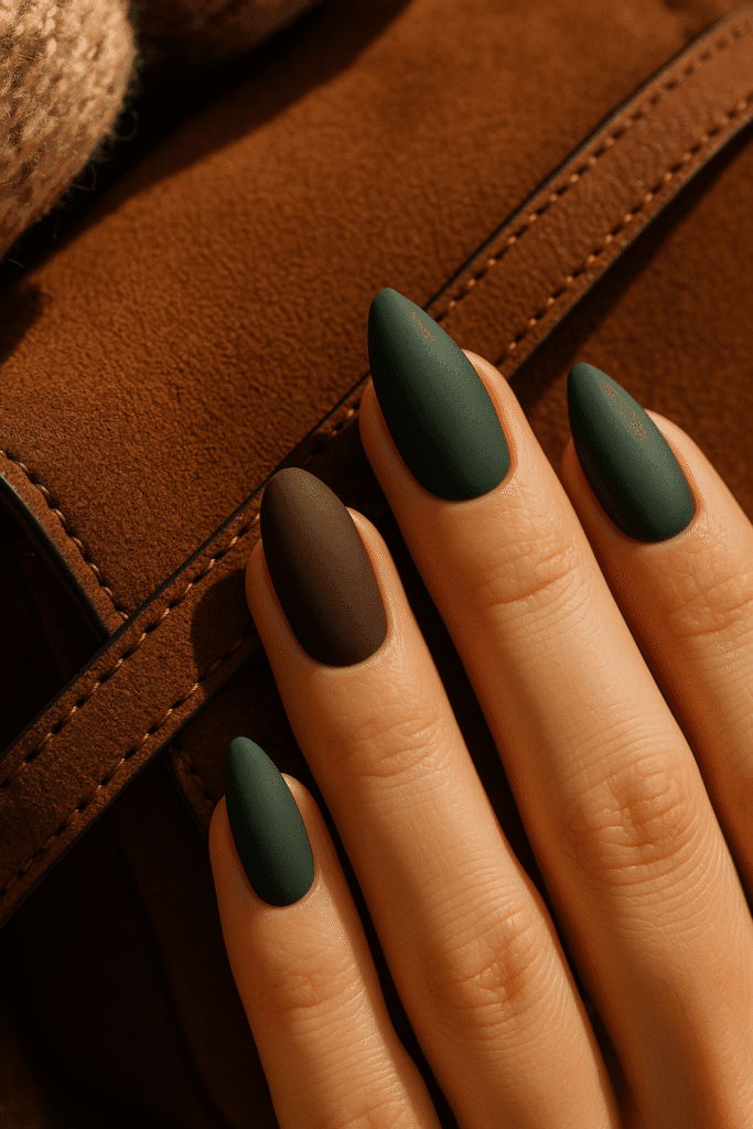 Short square matte espresso nails and almond matte forest green nails against a suede bag, styled with gold striping.