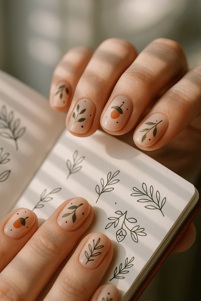 Nude nails with tiny black dots, green leaves, and orange acorn motifs in negative space design.