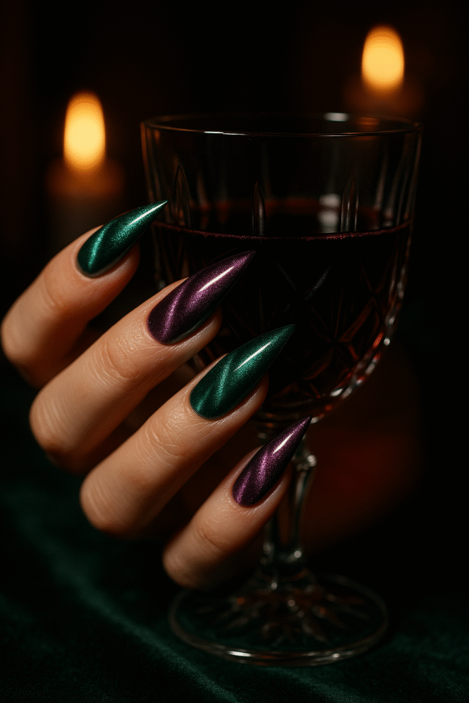 Emerald and aubergine velvet cat-eye shimmer nails glowing under low light.