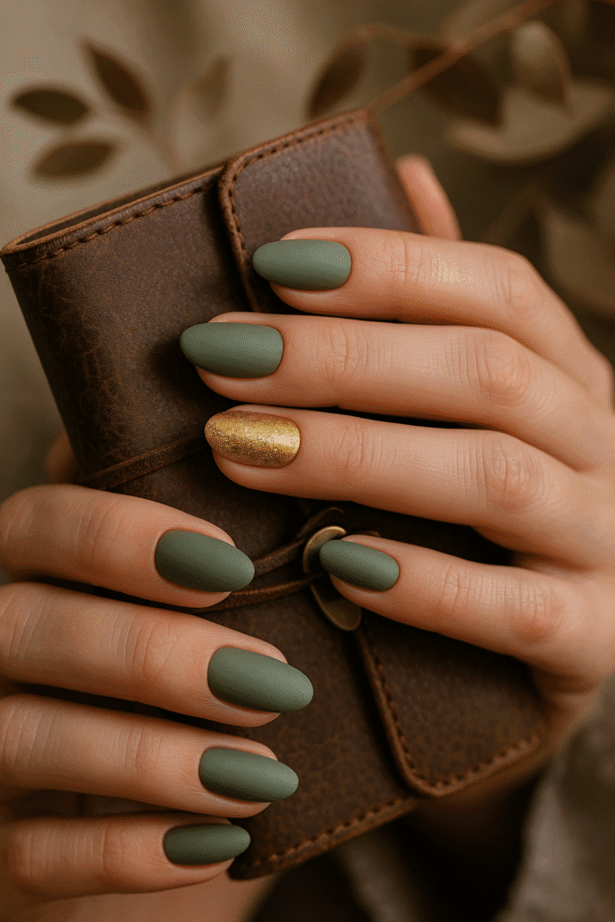 Matte olive green almond nails with gold foil accent, holding a leather journal
