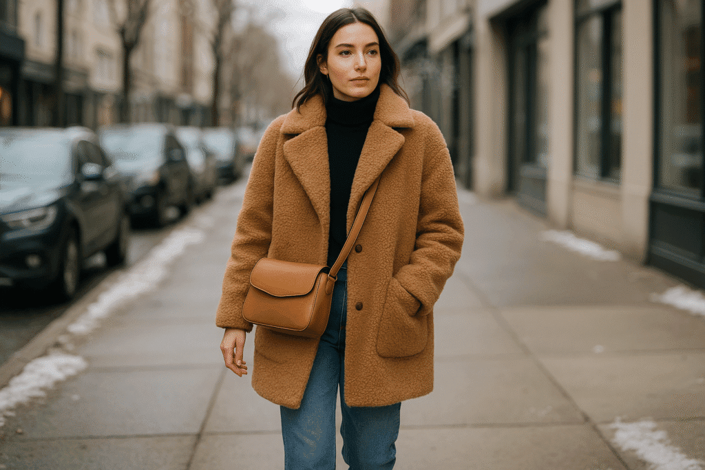 βWoman walking down a winter city street wearing a camel teddy coat with jeans and ankle boots, styled as a cozy everyday teddy coat outfit.β