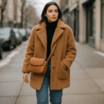 “Woman walking down a winter city street wearing a camel teddy coat with jeans and ankle boots, styled as a cozy everyday teddy coat outfit.”