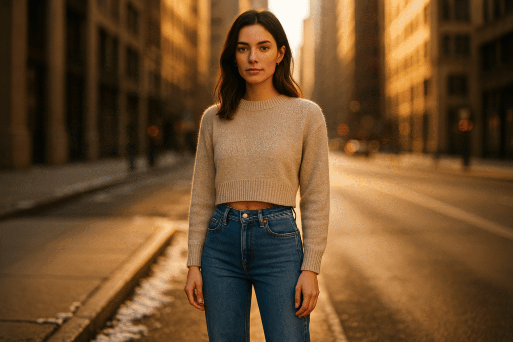 βWoman on a city sidewalk wearing a cropped oatmeal sweater, high-waisted straight-leg jeans and nude ankle boots, styled in a rule of thirds outfit with a short top and long bottom.β