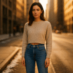 βWoman on a city sidewalk wearing a cropped oatmeal sweater, high-waisted straight-leg jeans and nude ankle boots, styled in a rule of thirds outfit with a short top and long bottom.β