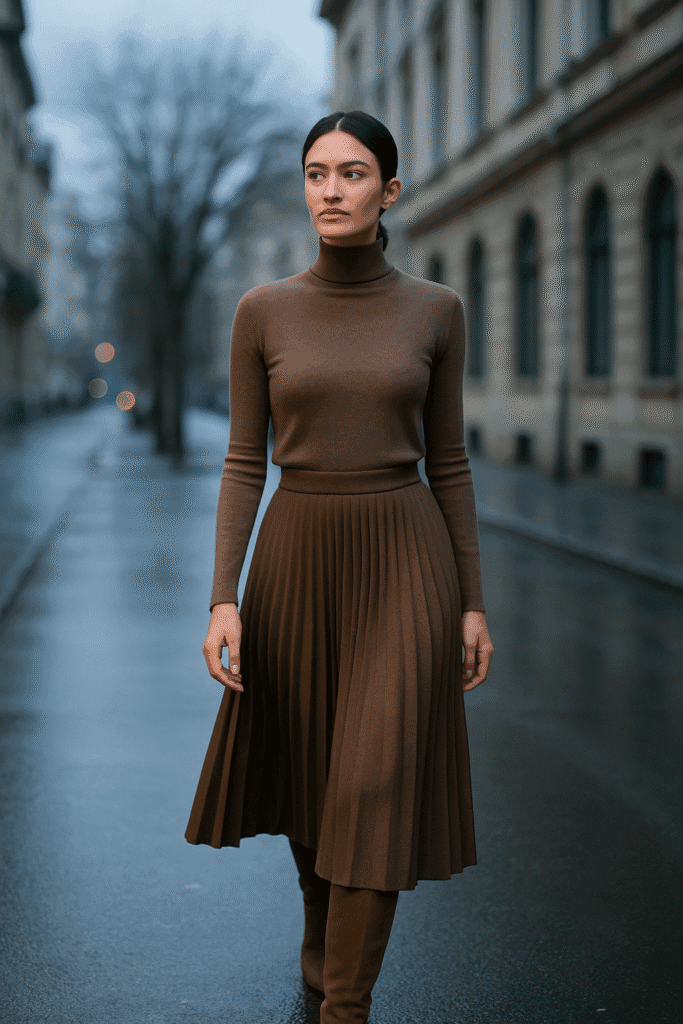 βWoman walking on a quiet city street wearing a mid-calf pleated midi skirt, tucked turtleneck and knee-high boots, creating a one-third top and two-thirds bottom proportion.β