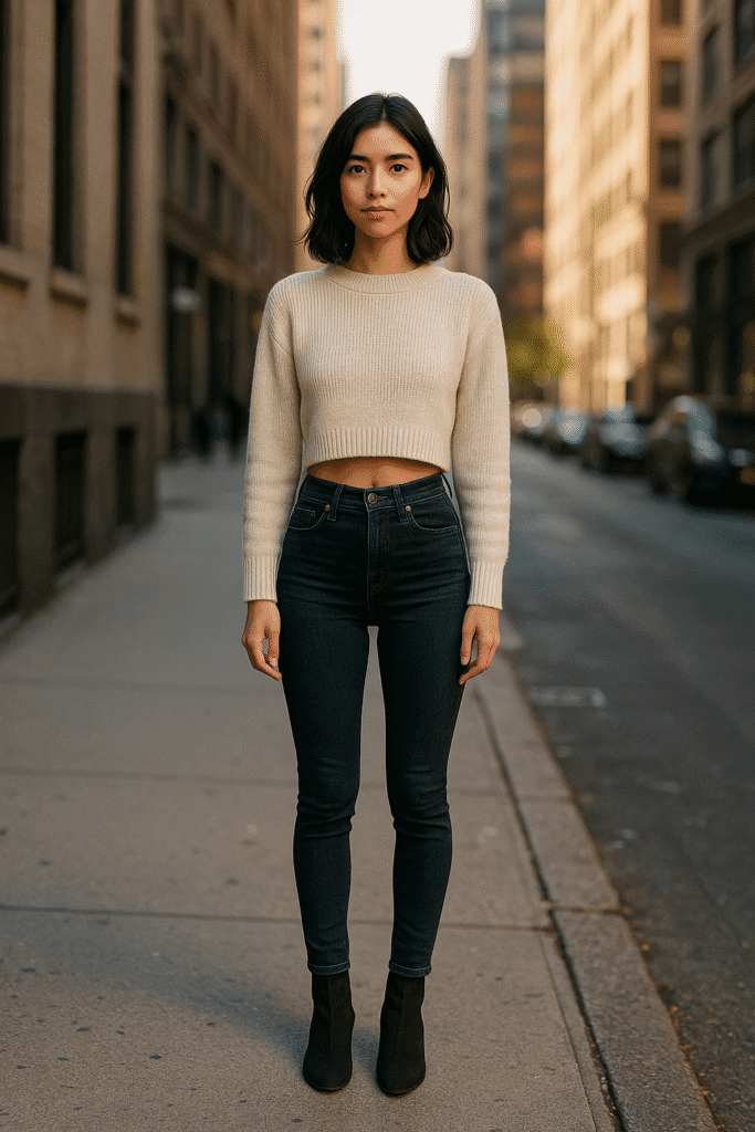 βPetite woman on a city sidewalk wearing a cropped cream sweater, high-waisted dark skinny jeans and matching ankle boots for a lengthening rule of thirds outfit.β