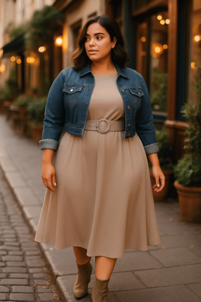 βCurvy woman on a city street in a belted midi dress, cropped denim jacket and ankle boots, with her waist as the focal point in a rule of thirds outfit.β