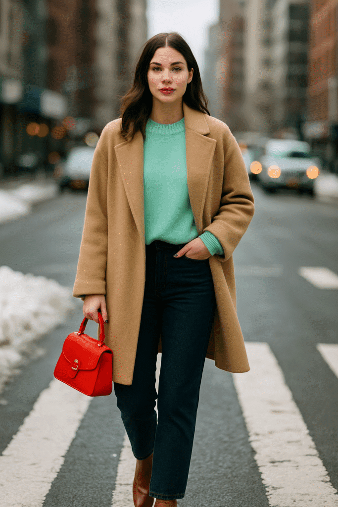 “Woman at a winter crosswalk wearing a camel sweater coat over a mint sweater, dark jeans, brown boots and a bright red handbag, showing modern color accents for winter outfits 2025 women.”