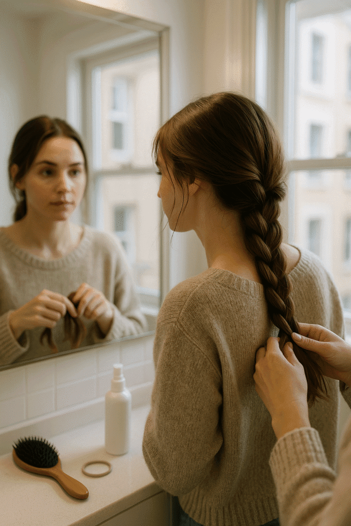 “Woman in a cozy bathroom braiding her hair into a low loose braid in front of the mirror, wearing an oatmeal sweater with simple hair products on the counter.”