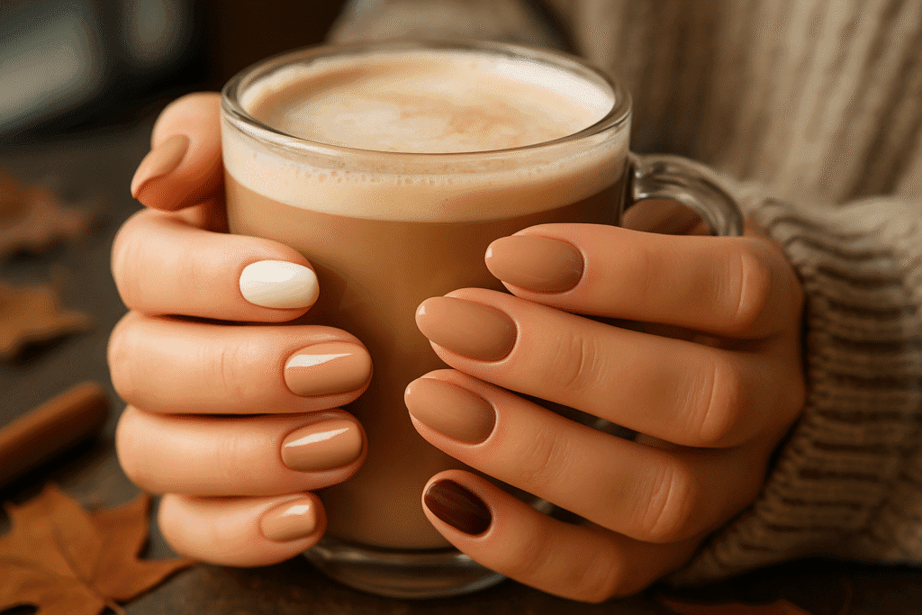 “Close-up of hands holding a latte, nails painted in a latte ombré of cream, beige, caramel, mocha and deep brown, with a chunky beige sweater and blurred autumn café background.”