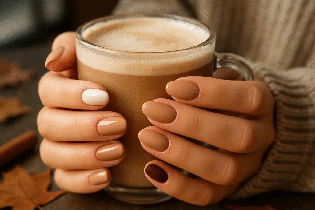 “Close-up of hands holding a latte, nails painted in a latte ombré of cream, beige, caramel, mocha and deep brown, with a chunky beige sweater and blurred autumn café background.”