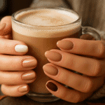 “Close-up of hands holding a latte, nails painted in a latte ombré of cream, beige, caramel, mocha and deep brown, with a chunky beige sweater and blurred autumn café background.”