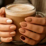 “Close-up of hands holding a latte, nails painted in a latte ombré of cream, beige, caramel, mocha and deep brown, with a chunky beige sweater and blurred autumn café background.”