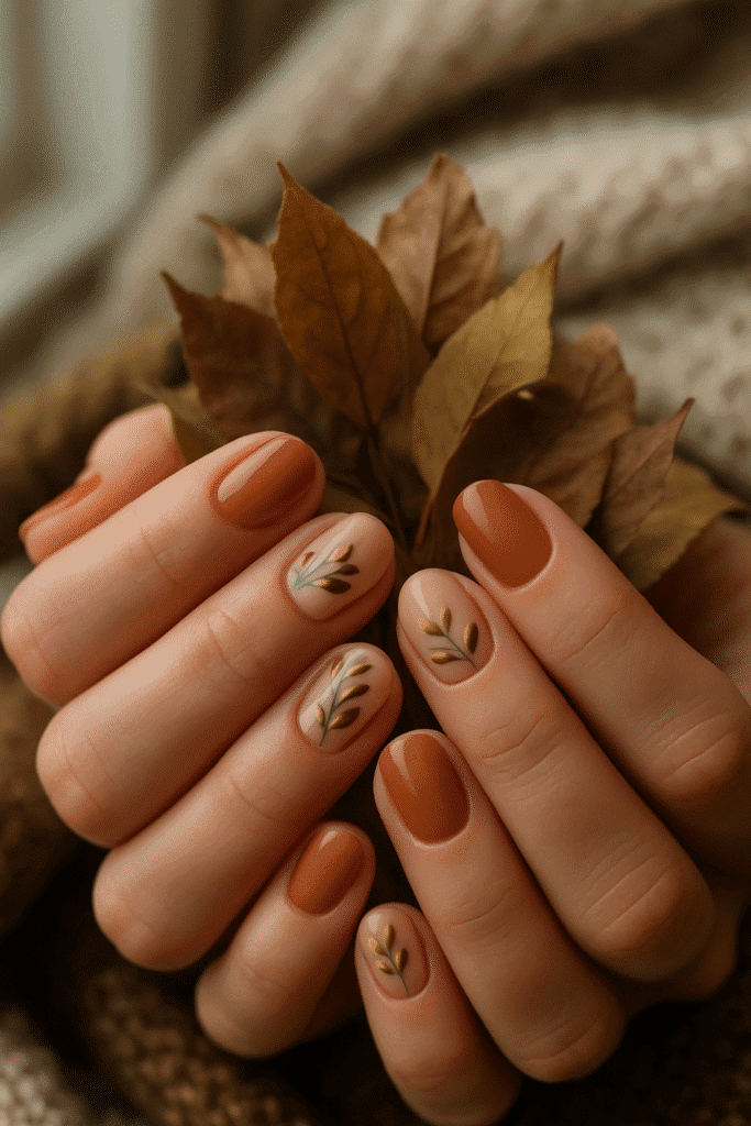 “Hands holding dried autumn leaves, nails painted caramel with accent nails featuring tiny minimalist leaf designs in olive, mustard and rust on a nude base, against a blurred knit blanket.”