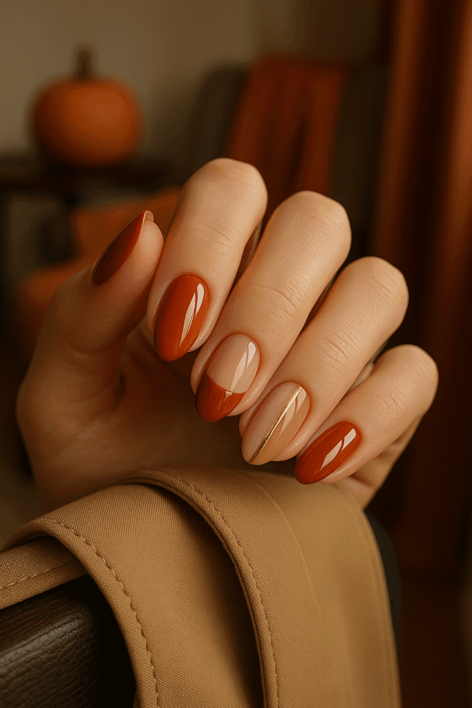 “Hand resting on a tan trench coat, nails in burnt orange with rust French tips and a split rust-and-camel accent nail separated by a thin gold stripe, warm autumn décor blurred in the background.”