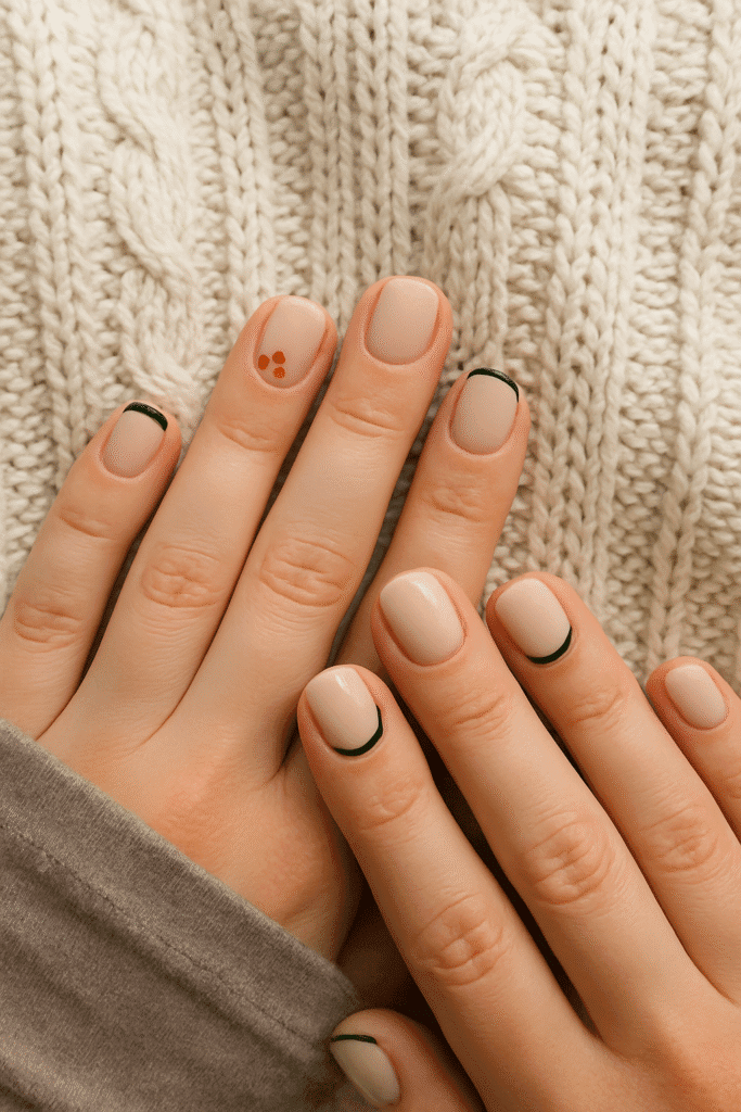 “Both hands resting on a cream knit blanket, short rounded nails with nude base, micro French tips in forest green and chocolate and tiny caramel and rust dots on accent nails.”
