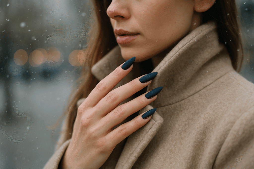 Matte Navy & Gold Nails: Luxurious Almond Stiletto Nail Art for a Premium Look