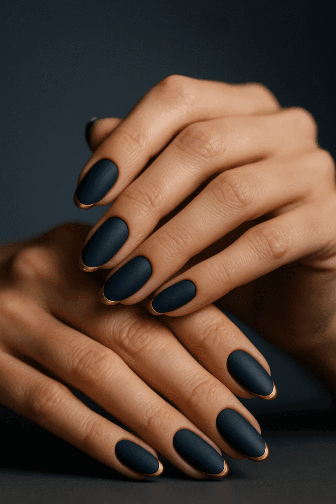 Matte Navy & Gold Nails: Luxurious Almond Stiletto Nail Art for a Premium Look
