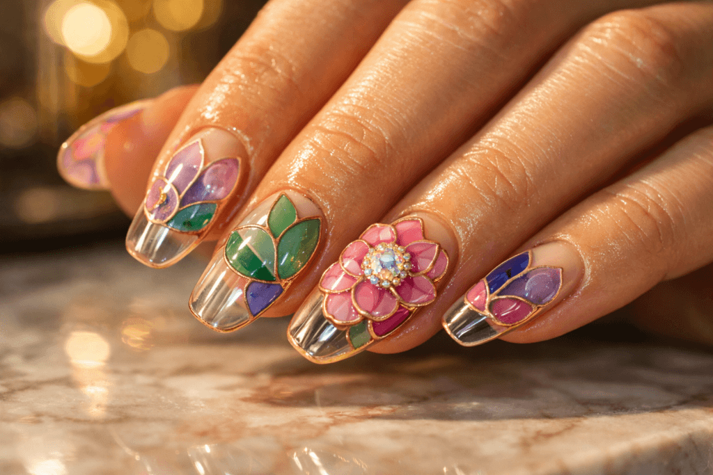20 Glass Nails With Floral Cloisonné Designs (Salon-Ready)